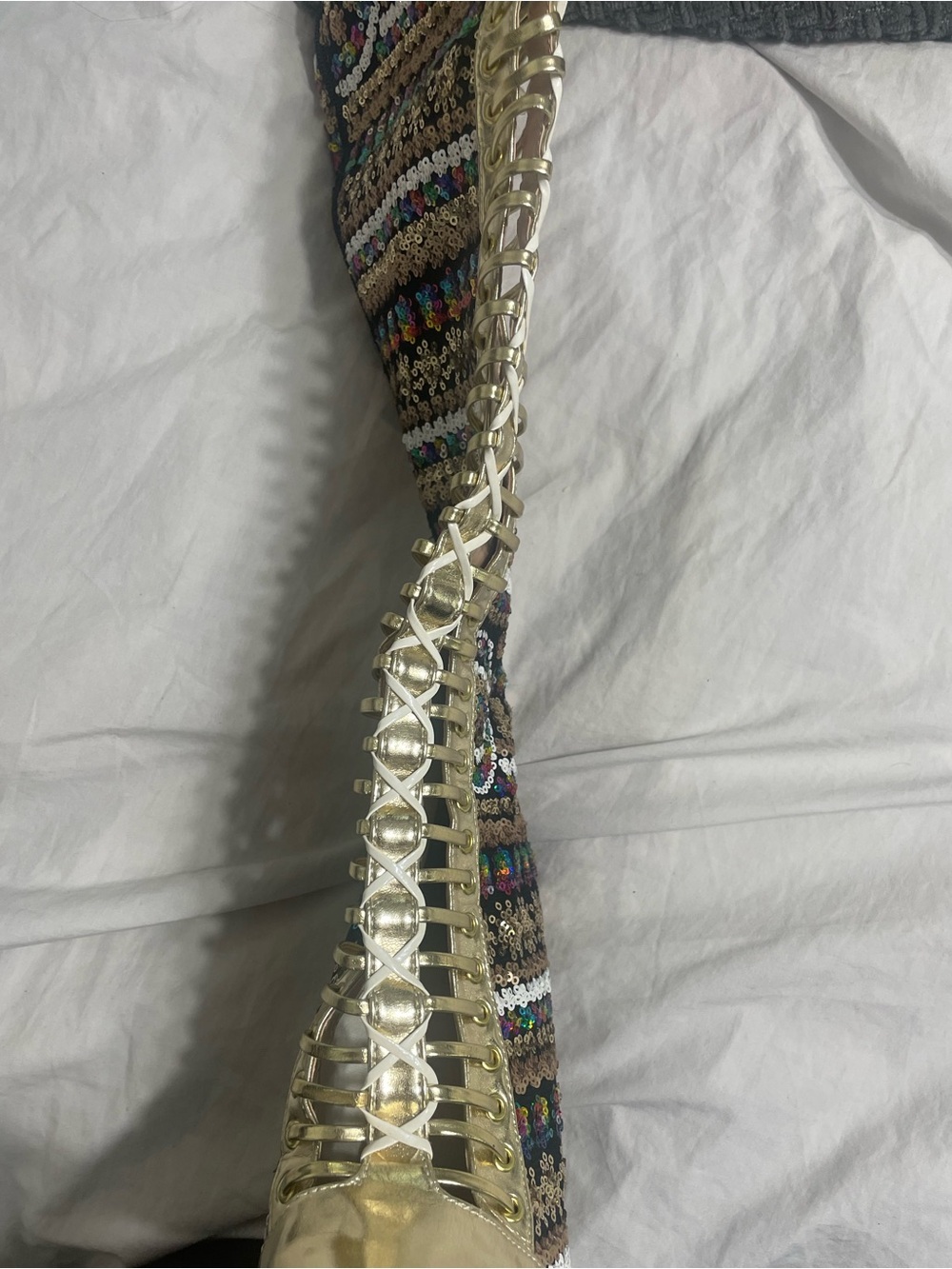 Embellished Gold High-Stiletto Thigh Boots - Multi Sequins - Picture 10 of 10